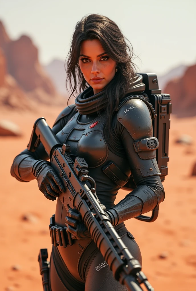 female soldier in desert with rifle and rifle in hand, digital art inspired by Eve Ryder, cgsociety contest winner, digital art, clothed in sci-fi military armor, sci-fi female, space soldier on mars with a gun, sci fi female character, loba andrade from apex legends, as overwatch character, scifi woman