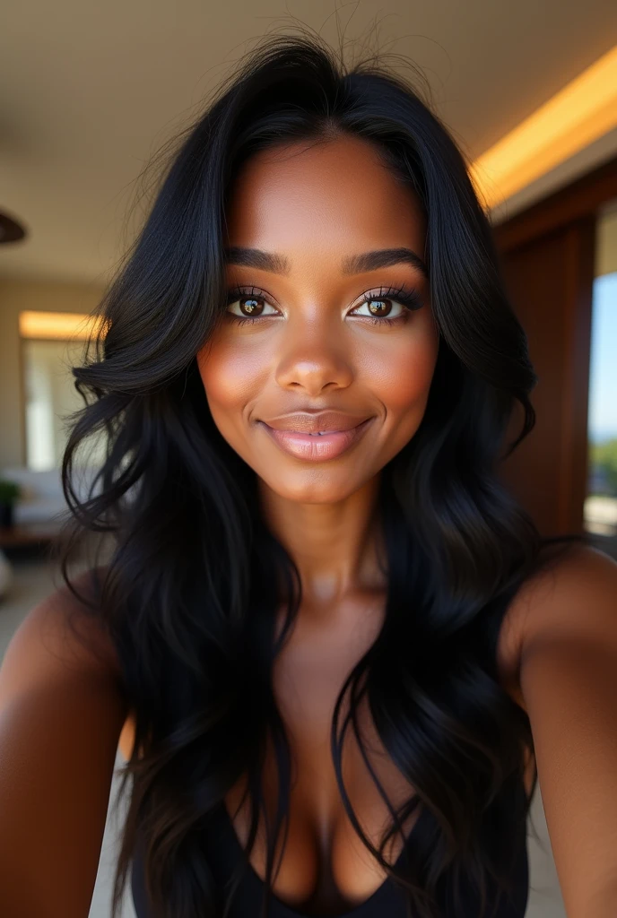 hyper realistic portrait of skai Jackson, 19 years old, with long flowing black hair and brown eyes. She should have a natural, approachable expression and be lit by soft, golden light, canon eos r5, raw format, selfie in a modern mansion