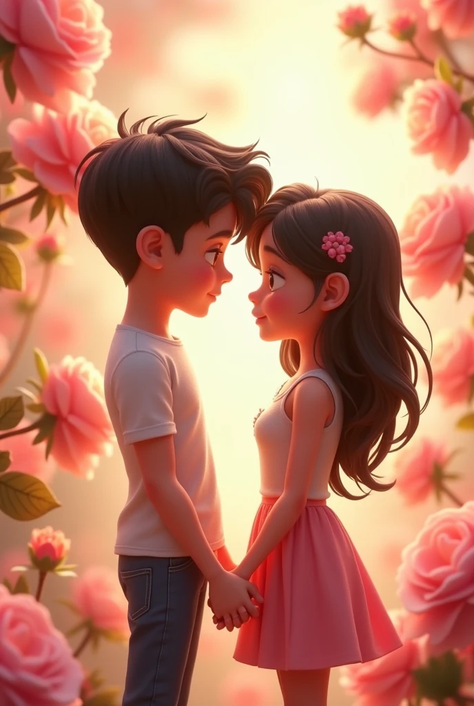 Draw a 3d animation of a 16 year old girl and a 20 year old boy. The boy and the girl are looking forward and standing holding each other's hands. Draw roses in the background.
Live translation