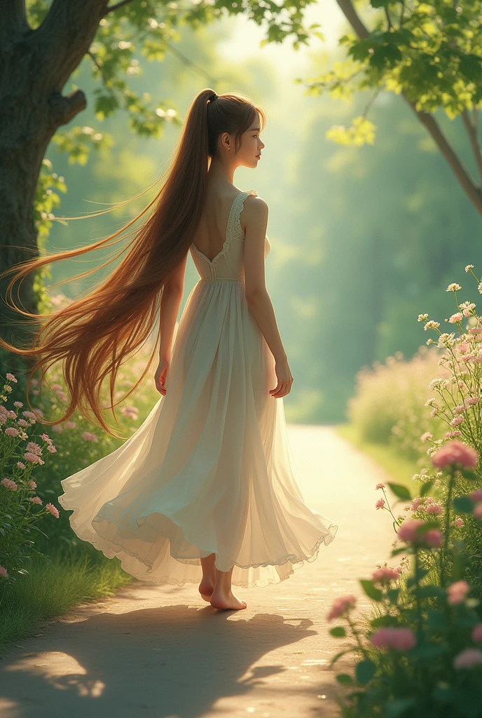 A girl with very long hair ponytail walking on the park,her hair was very long that her hair touch ground and dragged over when walk