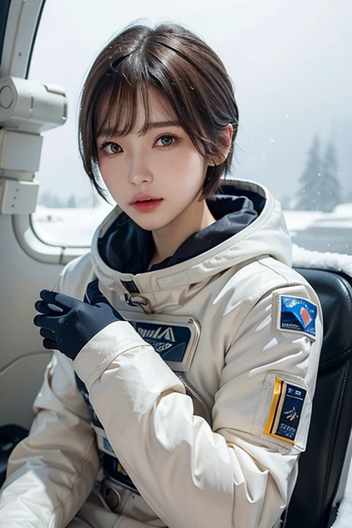 highest quality、masterpiece、ultra high resolution、(real:1.4)、Beautiful woman1、Beautiful details of eyes and skin、light brown short cut hair、The perfect spacesuit、spaceship、snow原、snow、