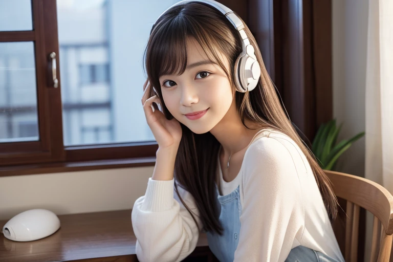 The composition shows a girl sitting in a chair listening to the radio in her room with a window.。The bust is large、A beautiful Japanese girl in her late teens with a slim waist。Fine-grained skin、The color is white。 The face has large eyes、Cute idol face。 Her hair is long and straight, reaching down to her chest.。Wearing headphones。The face is smiling and looking back at the viewer.、Mouth is closed。 Dress code: Large size men&#39;s loose shirts、Denim mini skirt。is writing on a notepad on the desk。