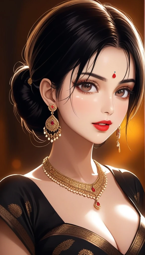 beautiful detailed eyes, beautiful detailed lips, extremely detailed eyes and face, long eyelashes, 1 gothic woman, mature, short messy hair,  simple dark black tight saree, long chain earrings, beautiful face, winking, red lipstick, navel, bangles, saggy breasts, photorealistic, 8k, hyperdetailed, vibrant colors, studio lighting, masterpiece, cinematic composition, dramatic lighting, intricate details, highly realistic skin textures, volumetric lighting, beautiful intricate jewelry, warm color palette, natural lighting, elegant pose, beautiful detailed expression, hyper realistic rendering, seamless blending, flawless skin, glowing skin, delicate features, breathtaking realism, striking composition, tall, necklace, bangles, navel, full body view, cleavage, mehendi