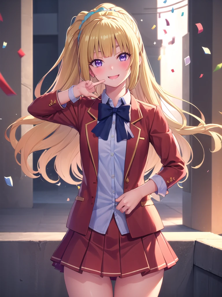 no background:1.6, kei karuizawa, peace sign:1.3, (confetti:1.3), head tilt:1.3, Long Hair, bangs, blunt bangs, (Purple eyes:1.1), Blonde, shirt, hair ornaments, ponytail, Scrunchie, blue Scrunchie, smile, break skirt, shirt, bow, Jacket, (red Jacket:1.2), Pleated skirt, bowtie, sweater, (blue bow:1.2), (blue shirt:1.2), break looking at viewer, (Cowboy Shot:1.5), break (masterpiece:1.2), Highest quality, High resolution, (Beautiful attention to detail:1.6), Highly detailed face, Perfect lighting, Highly detailed CG, (Perfect hands, Perfect Anatomy), (3D Face:1.1), (Shiny skin:1.5), (超High resolution intricate face details), (Facial skin pores:1.3), 超High resolution cloth texture, 大きなsmile, Blushing, Open your mouth, Showing off her perfect legs