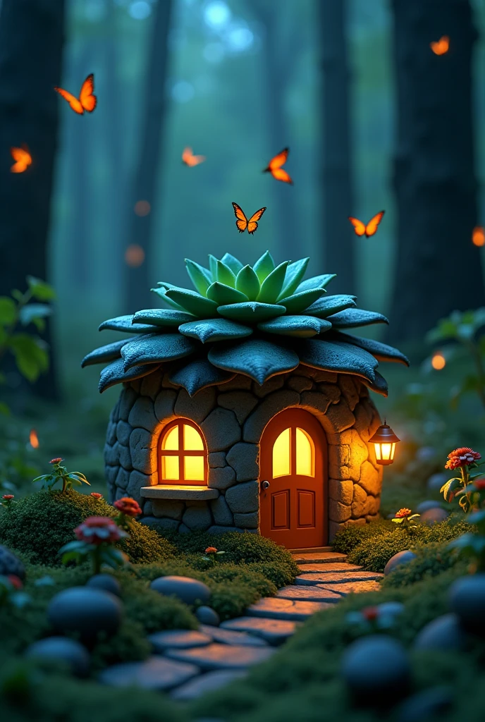 Size 1242x2688 pixels,A glowing succulent model house in a mysterious forest, The surrounding environment at night welcomes fireflies and butterflies flying,Anime model,Blind Box,Pixar style,Ultra high definition 4k8k webp