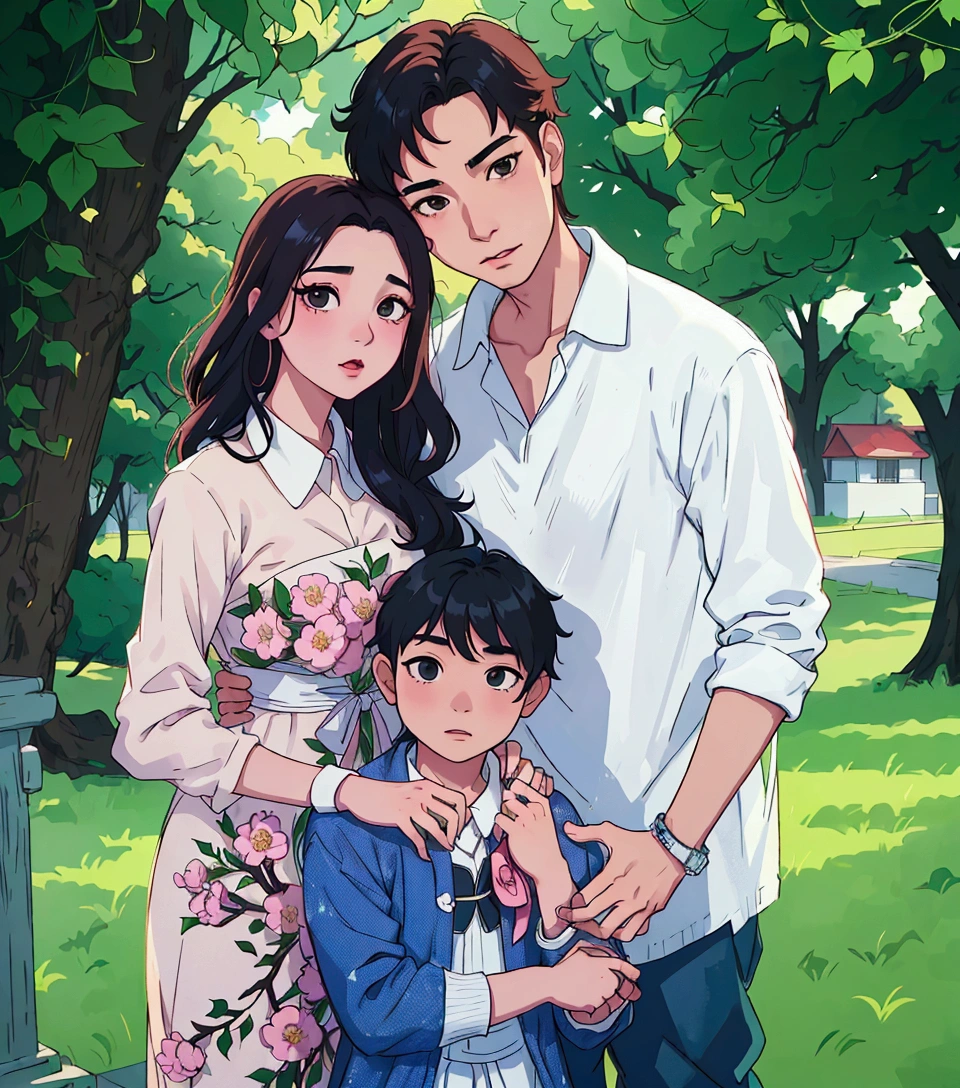 (best quality:0.8) perfect anime illustration, a man and woman posing for a picture with a boy, husband wife and son, duy beni serial, ruan jia beautiful!, happy family, patiphan sottiwilaiphong, photoshoot, yanjun chengt, backdrop, patiphan sottiwilai, family, jia, fanart, a handsome, yamy, official, thawan duchanee