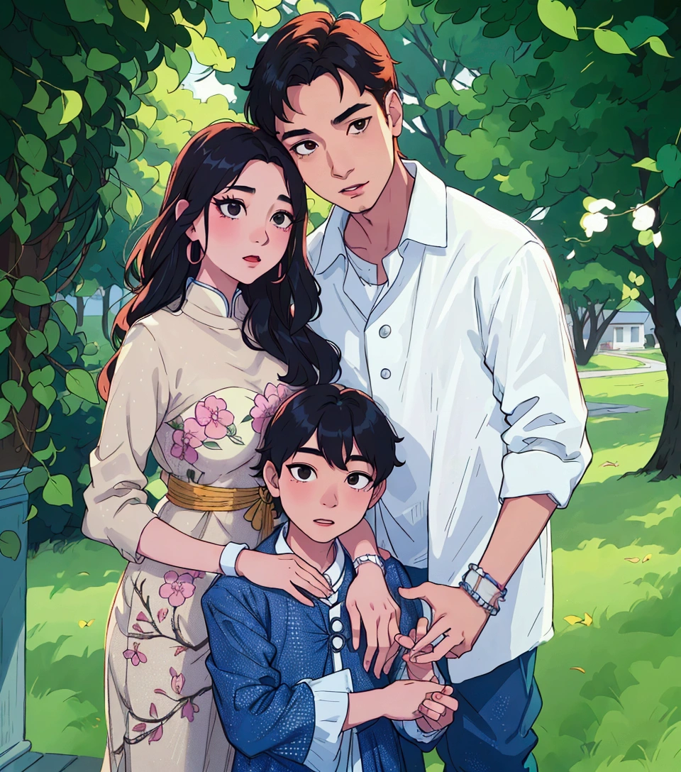 (best quality:0.8) perfect anime illustration, a man and woman posing for a picture with a boy, husband wife and son, duy beni serial, ruan jia beautiful!, happy family, patiphan sottiwilaiphong, photoshoot, yanjun chengt, backdrop, patiphan sottiwilai, family, jia, fanart, a handsome, yamy, official, thawan duchanee