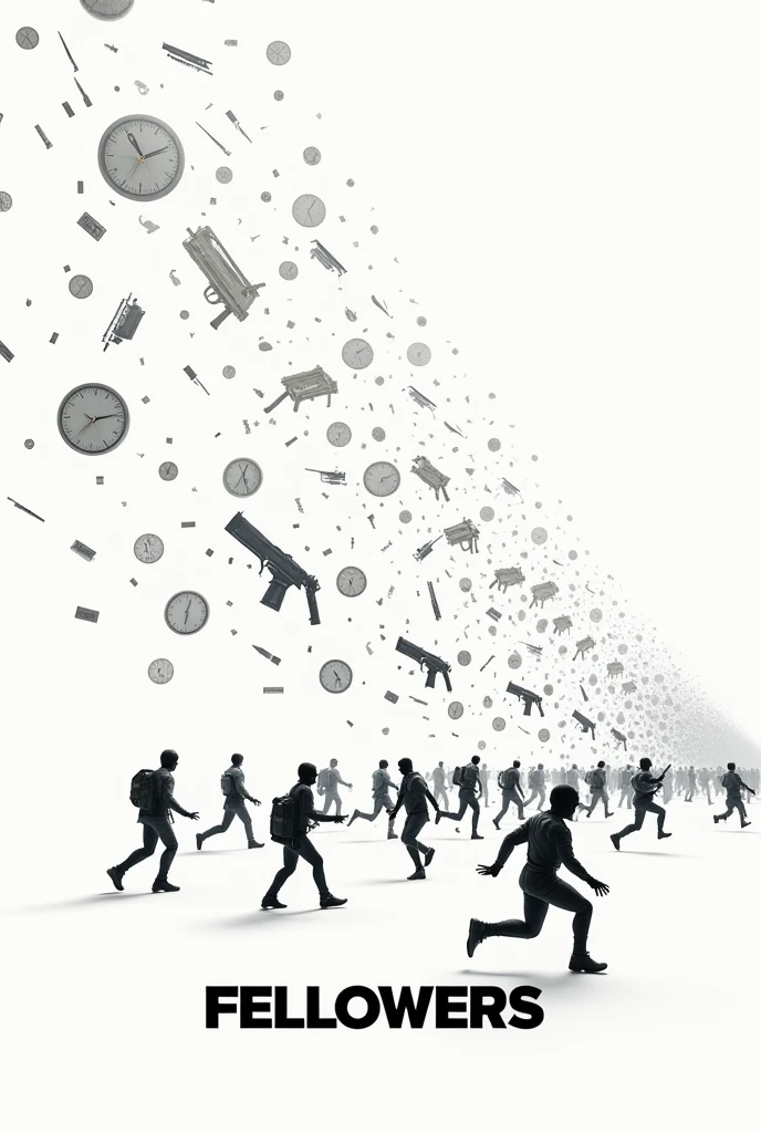 There is a sci-fi, action title "FELLOWERS". White background, many small people chasing each others, glitches and clocks on the roads. A 3d, Aesthetic, Sci-Fi poster. There is guns, bullets, kinifes, swords, hours and seconds in the background.