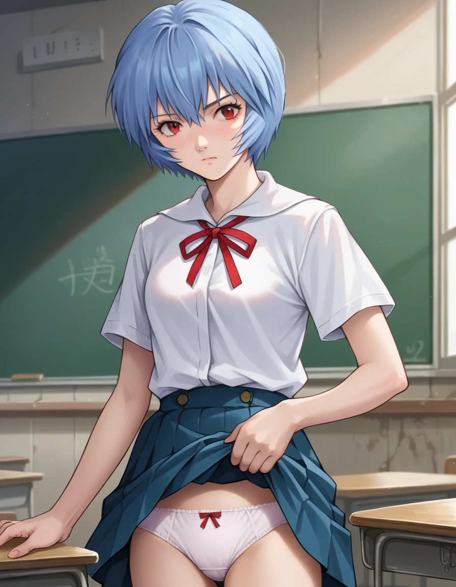 (photorealistic),(High resolution:1.6),score_9, score_8_superior, score_7_superior, sauce_anime, Rayanami, Rei Ayanami, Blue Hair, short hair, Red eyes, skirt, shirt, ribbon, school uniform, white shirt, Short sleeve, red ribbon, neck ribbon, tokyo-3 middle school uniform, indoor, classroom, View your viewers, Cowboy Shot, Dutch Angle, Dynamic pose,(Lifted skirt showing panties:1.4),(Concrete wall)