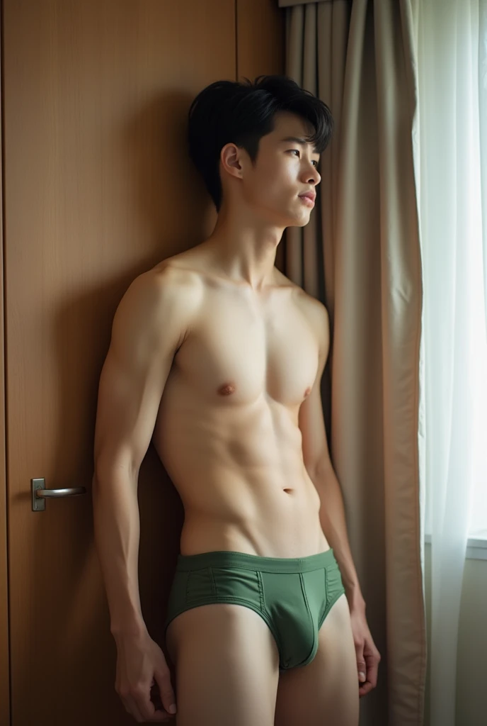 Handsome young man,Chinese-korean idol people,ager,Take off your shirt.,Wear green underwear,leaning against the door,bedroom,,