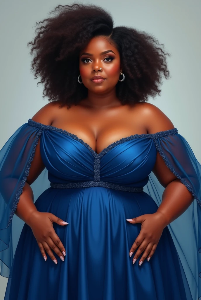 Black chubby woman in a blue gown amd blue sleepers, afro hair