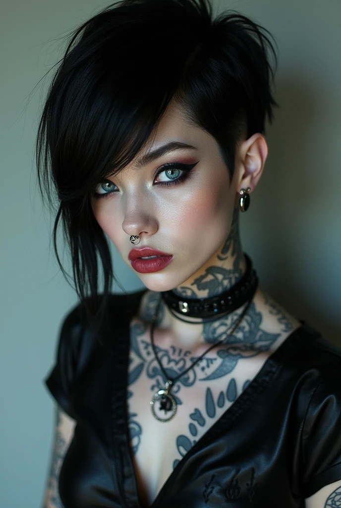 A rocker-looking boy, her hair is black, very black and almost shaved on the sides, From the front she wears it long and combed to one side as bangs, Her skin is extremely white, slim build and has more tattoos than the previous ones, He wears all black, Tattoos stand out on his neck and arms, She wears piercings on her lower lip, nose and ear, His eyes are a beautiful blue that emerge from the darkness of his clothes and the paleness of his skin.,
