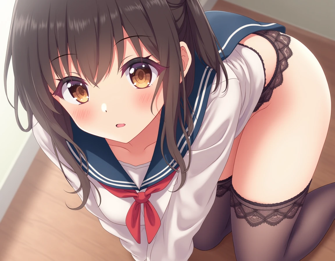 A wide screen allows you to see the panties of a beautiful girl in a manga style