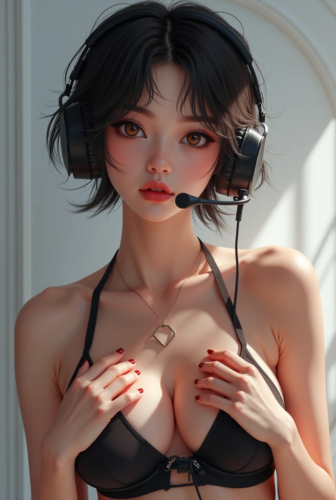 Korean gamer girl, short hair, hyperrealistic covering her nipples