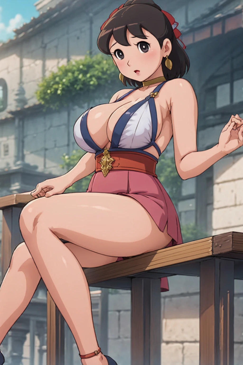 mature female, gigantic breasts, lips, naughty face, medieval city, cloud, motherly, thicc,shizuka,hot