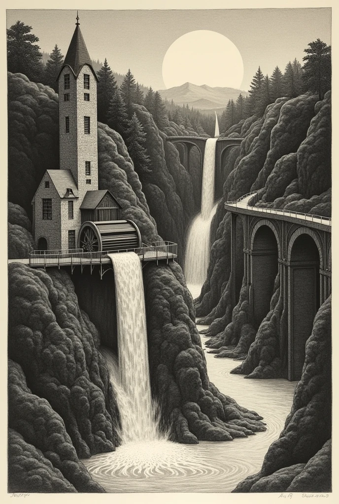 Waterfall is a lithograph by the Dutch artist Escher. It shows a perpetual motion machine where water from the base of a waterfall appears to run downhill along the water path before reaching the top of the waterfall.The image depicts a watermill with an elevated aqueduct and waterwheel as the main feature. The aqueduct begins at the waterwheel and flows behind it. The walls of the aqueduct step downward, suggesting that it slopes downhill. The aqueduct turns sharply three times, first to the left, then to the right, and finally to the left again. The viewer looks down at the scene diagonally, which means that from the viewer's perspective the aqueduct appears to be slanted upward. The viewer is also looking across the scene diagonally from the lower right, which means that from the viewer's perspective the two left-hand turns are directly in line with each other, while the waterwheel, the forward turn and the end of the aqueduct are all in line. The second left-hand turn is supported by pillars from the first, while the other two corners are supported by a tower of pillars that begins at the waterwheel. The water falls off the edge of the aqueduct and over the waterwheel in an impossible infinite cycle.