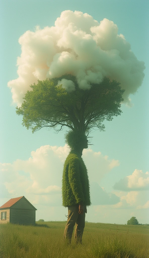 weird looking human figure, tree as a head. setting: two house on the left, pastel colors, cotton clouds above, surreal atmosphere, raw photo, , 35mm