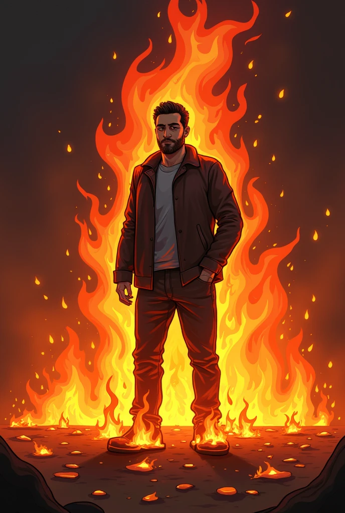 crie uma imagem cartoon, art, fot, of a fire, in which the guilty person is surrounding himself with the fire's embers