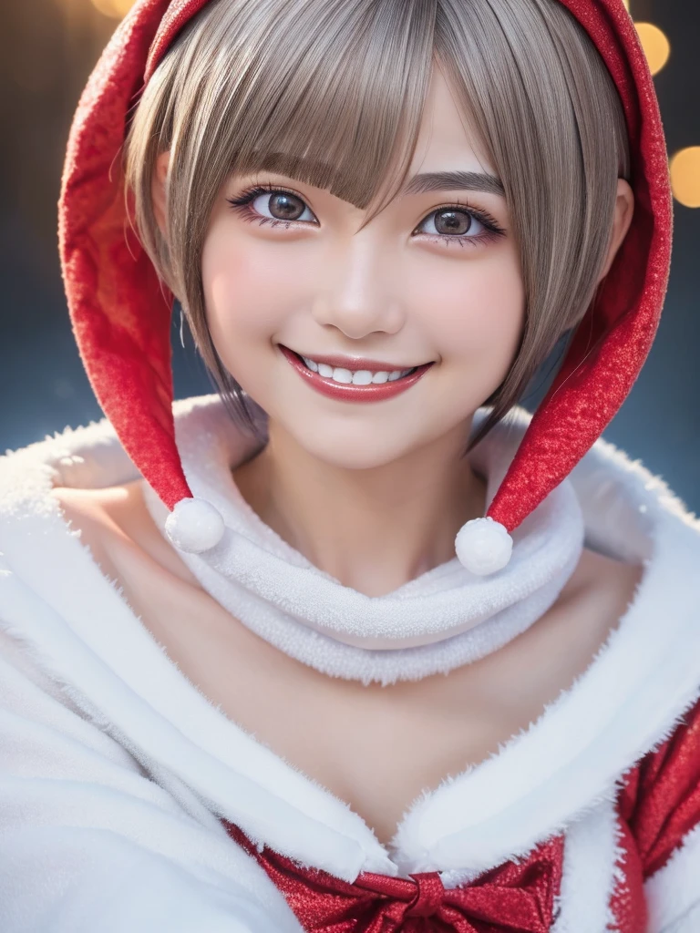 beautiful detailed eyes,droppy eyes,beautiful detailed lips, extremely detailed eyes and face, long eyelashes, 1japanese girl, fantasy character, (Santa Claus costume:1.25),(smile,short hair:2.0),highly detailed, dramatic lighting, glowing effects, mist, intricate details, volumetric lighting, cinematic composition, hyper realistic, 8k, best quality, masterpiece, photorealistic,Highres fix,snowy night town