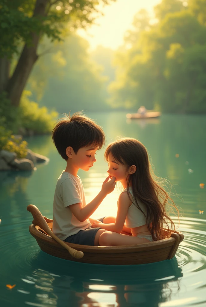 A boy and a girl are sitting in a boat on a river. And the boy is brushing the girl's hair.