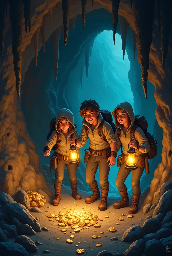 a group of adventurers entered a cave and found a treasure