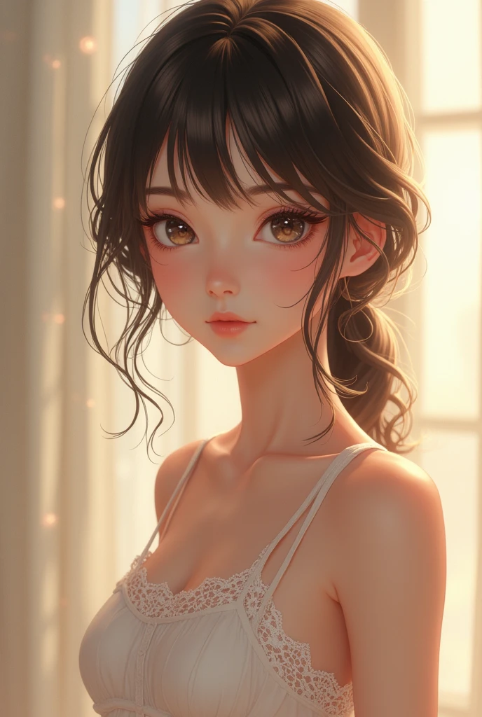 See through，Beautiful and cute, 3 Up, Nice, bright, Refreshing and gentle look, Perfect beautiful face、Beautiful shiny bangs, Very beautiful 12 year old girl, eyeliner, Very perfect eyes，Very small breasts，The original skin is visible through the grooves，Muscular body，white lace suspenders
