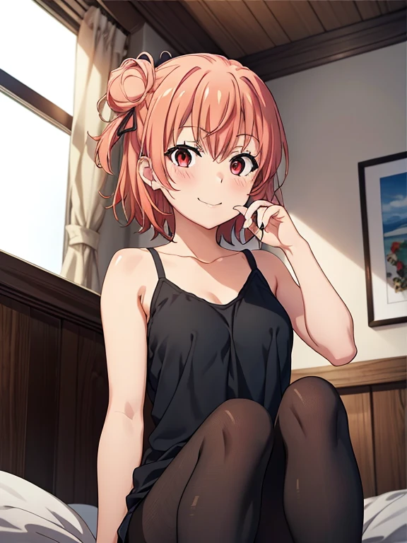 ((masutepiece, Best Quality, hight resolution, nffsw, Perfect Pixel, depth of fields, 4K, )), 1girl in, Solo, , Beautiful anime girl, Beautiful Art Style,
very low view angle:1.3, view from below:1.5, legs up:1.5, sitting on bed:1.3 feet fetish:1.3, show feet, bed,
Perfect body, smile face:1.5 shot from below:1.4, finger on lips:1.5, black pantyhose, black tank:1.5,
Yuigahama Yui, Hair bun, short hair, medium breasts,
Full face blush, red face,
straight on:1.3, medium shot