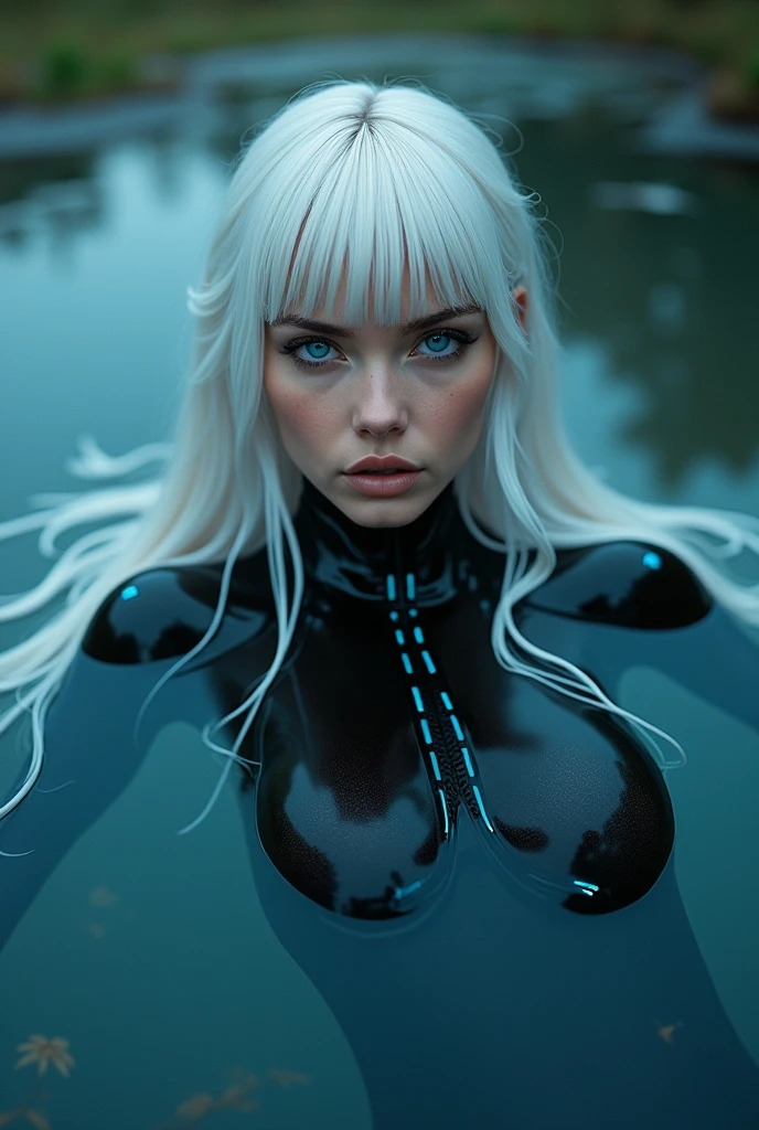 ((best quality)), ((masterpiece)), (detailed), perfect face, a beautiful woman with white long hair and a sky blue reflection, she has a tufted fringe, she has sky blue eyes, she has total black cyber suit clothes with some neon sky blue lights on it, cyber line on her face, she is dying lying in a pond, total body.