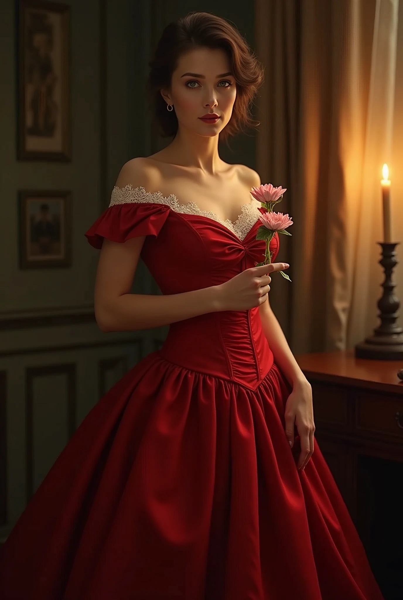 beautiful woman wearing red victorian dress standing holding a flower illuminated by candlelight