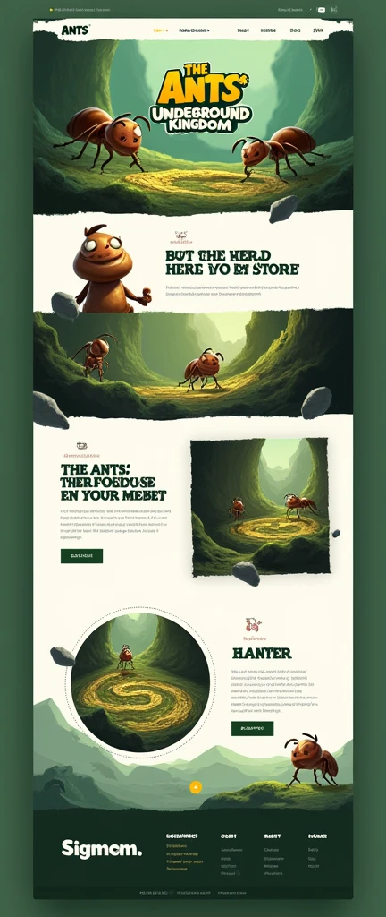 Game enterprise brand official website，strategy game，Little Ant Kingdom，Clarity，Green and white webpage，Real Ants，The story of ants，Ant nests，Realistic Ant，Gaming websites，3D realistic style，reference：dribbble，Behance and other avant-garde web design creativity，Novel typography，High-end typesetting solutions，Advanced typography，Banner picture game font says：The Ants: Underground Kingdom The World's First Ant Strategy Games，