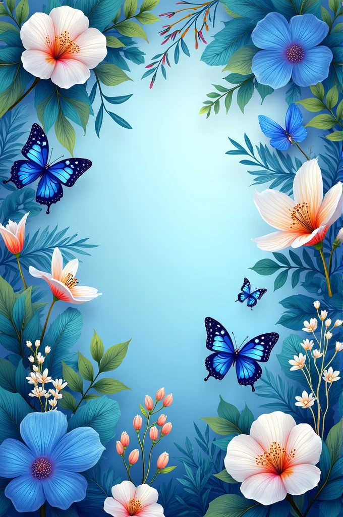 Create a floral print with tropical foliage, flores campestres, masks and butterflies in light blue tones with a blue background