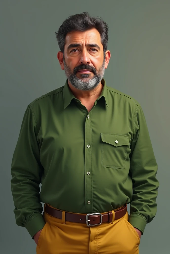 30 years old Turkish man with stubble , wearing a green shirt, yellow trousers, overweight, short hair