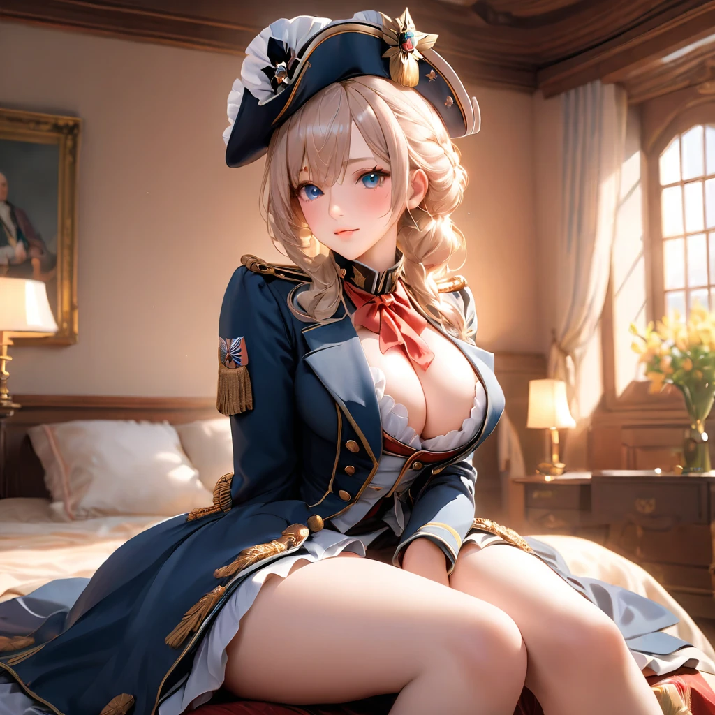Frederick the Great (Azur Lane:0.5), Breast sagging, military uniform, whole body, (permanent), indoors, outdoor, Model shooting style, masterpiece, detailed, high quality, Clear focus, dramatic, Realistic Art, posture, Express, leg, (extremely detailed CG unity 8k wallpaper), Professional majestic oil paintings by ed blinkey,