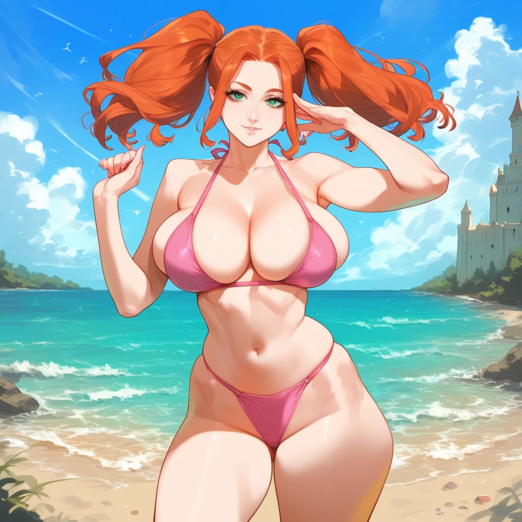 mixed_artstyle, 1 girl, Alone, hands, Pink bikini, ptinta eyes, ginger hair ptinta locks, twin tails, realistic, textures, 8K, perfect hand, perfect anatomy, visible curves, Big Breasts, beach, Standing pose,, ,castle