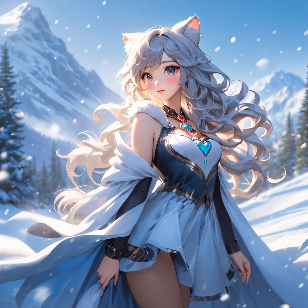 (masterpiece, best quality:1.2),1 Girl, Upper Body,Tail, large Tail, White hair, Very long hair, curls, Gray eyes, deTailed eyes, Colorful hair, ring, Bead necklace, Animal ears, Leopard ears, Black cape, White Dress, - Hip vents, Pelvic Curtain, Grey knee-length socks, snow, snow mountains, snowstorm, Volumetric Lighting, Subsurface scattering, Movie Lighting, Chiaroscuro, Flowing hair, Place your hands on your chest