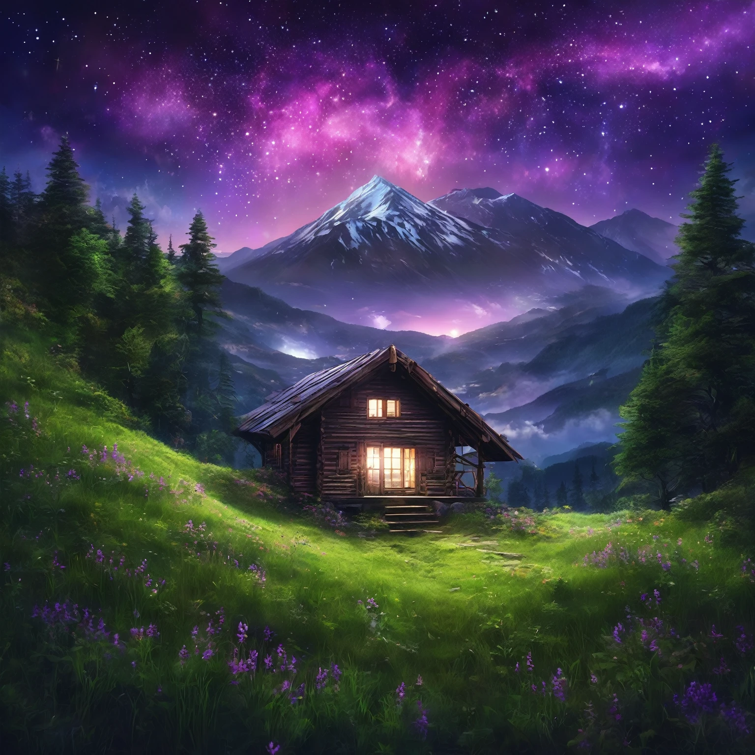 A distant hut, a night of many stars, purple galaxies, huge clouds and many lights, tall green grass, a forest on the huge mountain