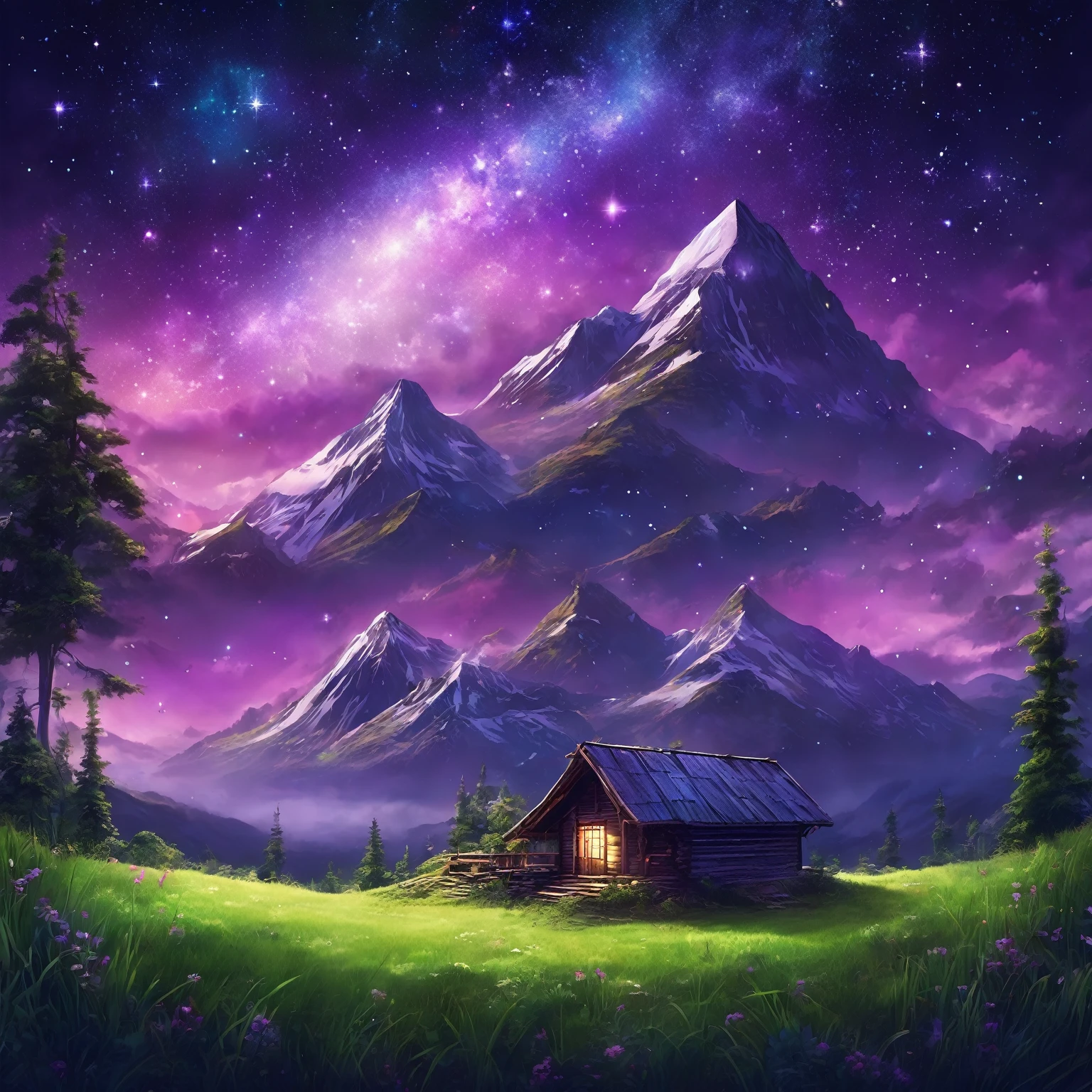 A distant hut, a night of many stars, purple galaxies, huge clouds and many lights, tall green grass, a forest on the huge mountain