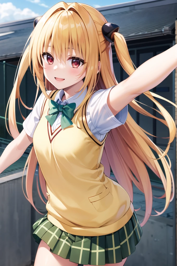 masterpiece, Highest quality, High resolution, Ayami, Very long hair, Both sides up, hair ornaments, school uniform, Green bow tie, White shirt, Sweater vest, Yellow vest, Short sleeve, Checked skirt, Green Skirt, Reaching out, rooftop, null, Are standing, Outstretched arms, smile, Open your mouth,