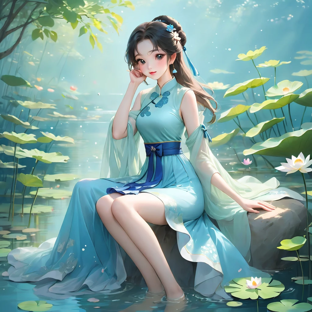 There is a blue skirt, 16 Long Legs, A woman sitting on a rock in the water, Standing gracefully on the lotus, Ethereal Beauty, Wearing blue cheongsam, court, Girl wearing Hanfu, Wearing blue cheongsam, Full of fairy atmosphere, In the pond, White Hanfu, A stunning young ethereal figure, floating dress, Light Blue, hair behind ear