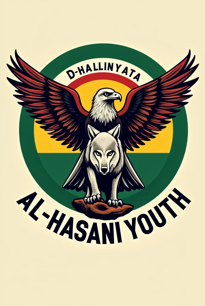 logo featuring an eagle holding the Somalia map and a wolf with the text “Dhalinyarta Xasanleey” and “Al-Hasani Youth.” The colors match the Somali flag, and galmudug state flags