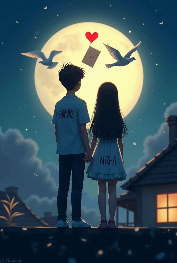 A boy with his name Shahbaz written on his back and a girl with her name Nazia written on her back, talking about love in the moonlight at night on the roof of the house Both their faces should be towards the moon and on their backs, Naziya  should be written on the girl's back and Shahbaz should be written on the boy's back and have a heart above their head And a dove from the moon, Naziya is flying with a letter in the name of
