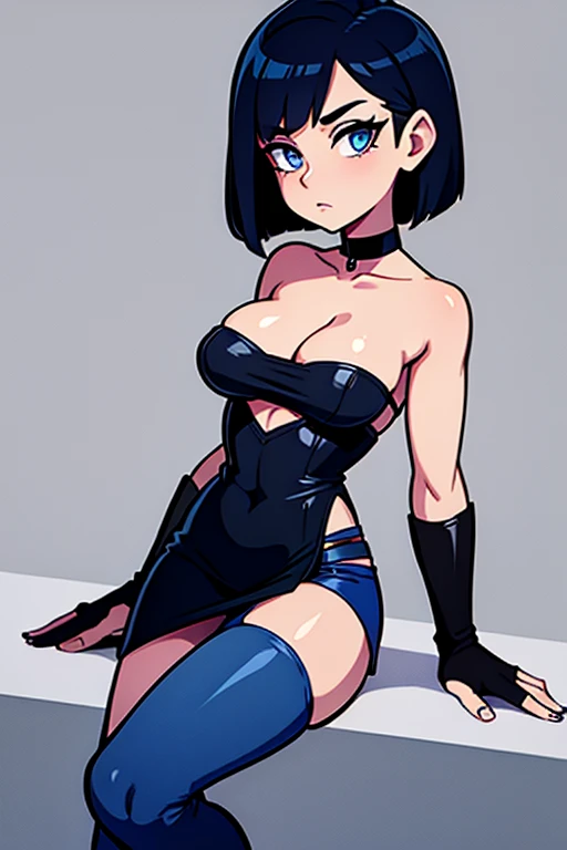 Dark blueish grew skin, whole body dark blueish grey skin, blue lips, dark Blue eyes, Short tomboy stylish black hair with dark blue stripe on edge of hair, medium size breast, black shirt with i heart bondage, blue mini skirt, brown pantyhose, black knee high boots, black collar around neck, blue fingernails.