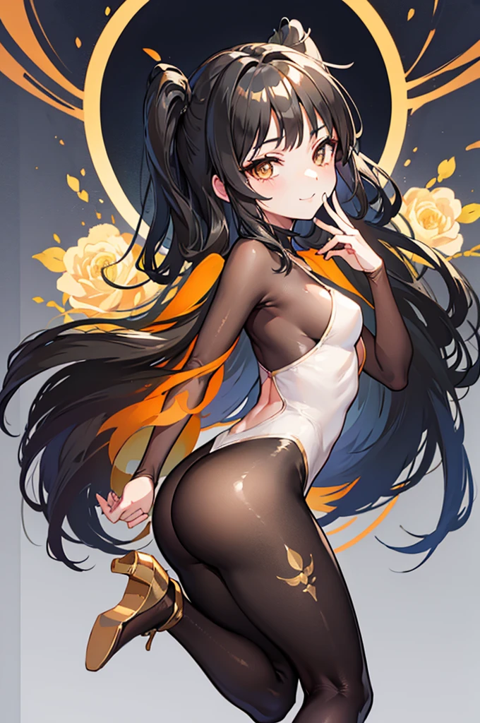 Highest quality　Highest quality　Draw a face carefully　High-definition anime-style face　Super Glowing Skin　Long black hair　Golden Eyes　Brown full body suit　Khaki pantyhose　Succubus　lure　smile　Back view　Rear view　Ass close up