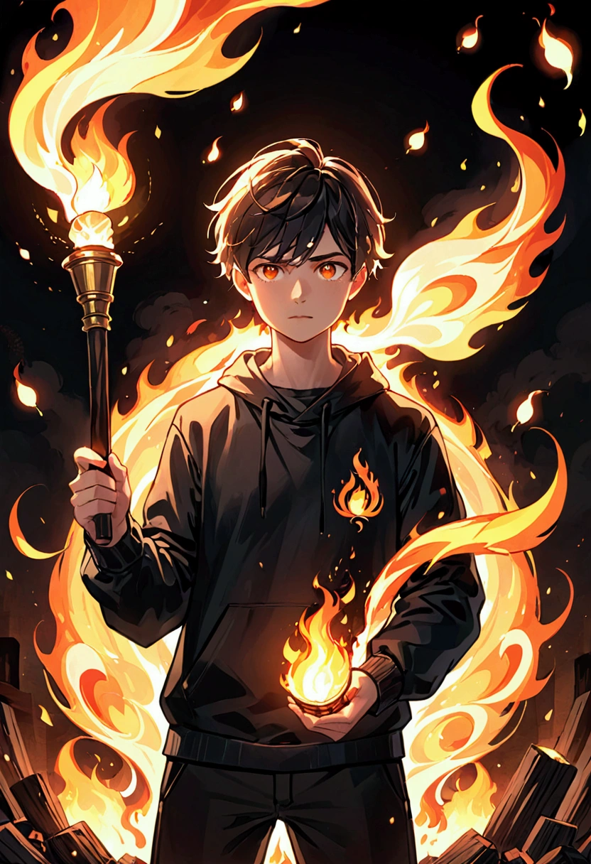 crie uma imagem cartoon, art, fot, of a fire, in which the guilty person is holding a torch and surrounding himself with the fire's embers