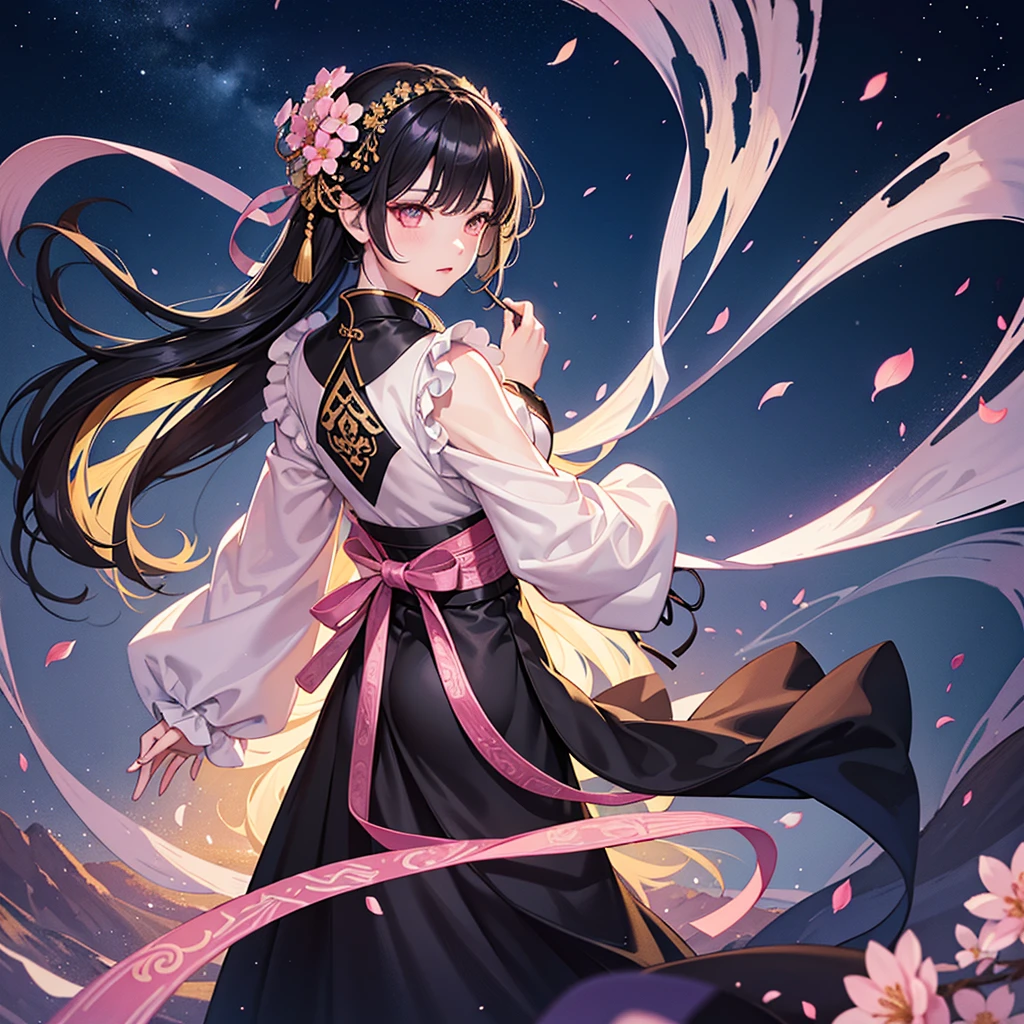 Gorgeous, Dynamic, visual impact, ink painting，watercolor smudge，1 girl, solo, long hair, black hair, hair accessories, long sleeves, flower, outdoor, sky, 毛flower, from behind, sash, contour, make up, night, China costume, Night Sky, light particles, lantern, architecture,  Hanfu，1 girl, solo, black hair, hair accessories, long sleeves, Gorgeous silk dress, Pink Silk Hanfu，belt，long sleeves，damask，jewelry, Shut up, permanent, whole body, flower, Good, vague, flower petals, contour, night, China costume, 单Good, Flower-decorated hairpin，Loose long hair，红flower, Night Sky, light particles,Gold jewelry， bead, architecture, updo, Hanfu，light particles，Beautiful light source，high quality, best quality,8K CG, Ultra-detailed, HD, masterpiece, Watercolor oil painting，ink painting，ink painting color dyeing，bling，ancient art，The background is decorated with auspicious clouds and silk ribbons，Elegant and peaceful atmosphere，Concept art illustration，Light painting rendering，Zen style, In line with Chinese aesthetics，The beauty of imaginary artistic conception，Beautiful digital illustration，Pink peach flower petals surround her, cherry blossom