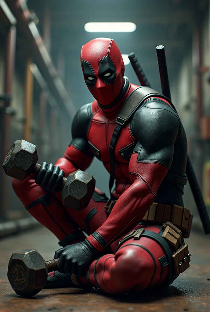 Create a Deadpool in the gym training with a Russian dumbbell and holding a gun and sitting down 