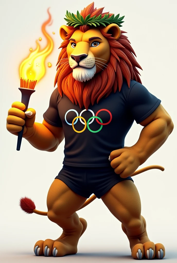 Create an image of an Olympic mascot as a lion on all fours. The Lion is wearing a laurel wreath and a black t-shirt with the colors of the Olympics and his right paw is on an Olympic torch.