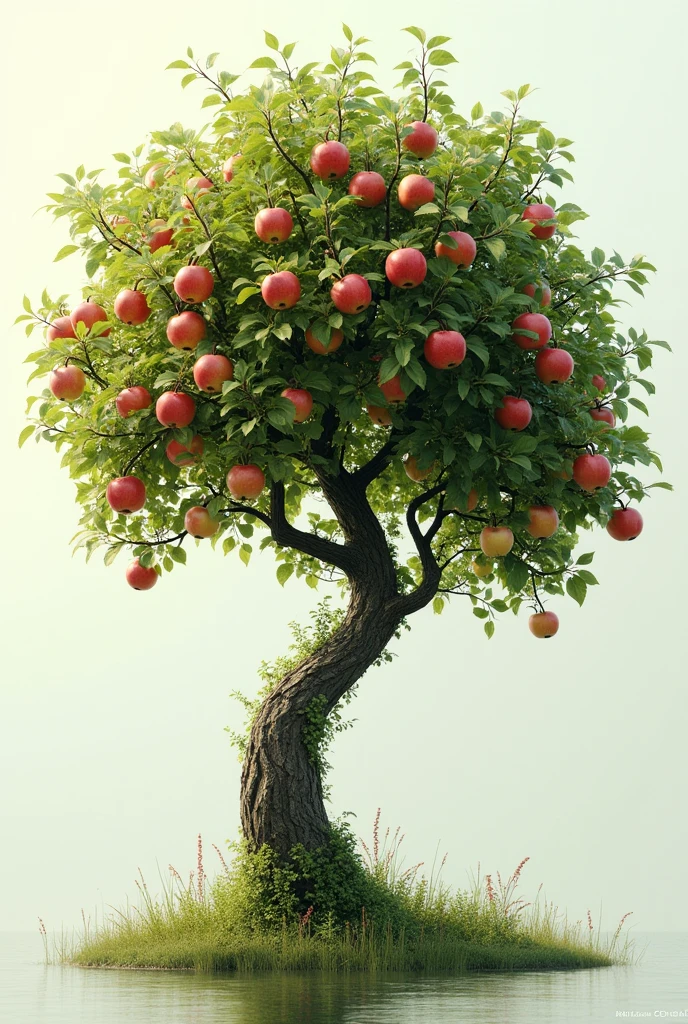 high quality, 8K Ultra HD,Bending Bigger Apple tree, apple ,🍏, 🍎, crisp lines, The background is monochrome, sharp focus, double exposure, by yukisakura, awesome full color,