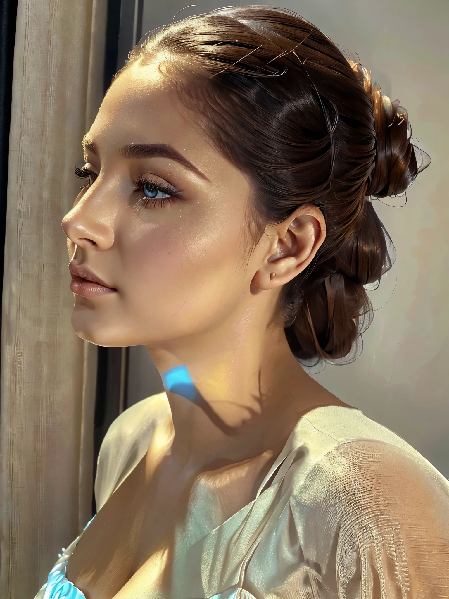 1 woman, beautiful detailed eyes, beautiful detailed lips, extremely detailed eyes and face, long eyelashes, elegant woman, serene expression, long flowing hair, intricate hairstyle, delicate facial features, porcelain skin, graceful pose, flowing dress, natural lighting, soft colors, muted tones, cinematic composition, ethereal, atmospheric, dreamlike, (best quality,4k,8k,highres,masterpiece:1.2),ultra-detailed,(realistic,photorealistic,photo-realistic:1.37),high quality digital painting