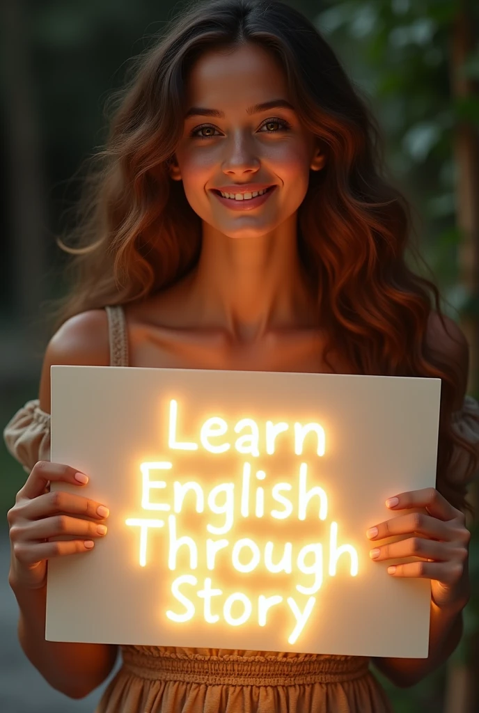 Beautiful girl with heart-warming smile and wavy long hair, bohemian dress, holding a white board with text "learn English Through Story" and showing it to the viewer, the board is glowing with a the text.